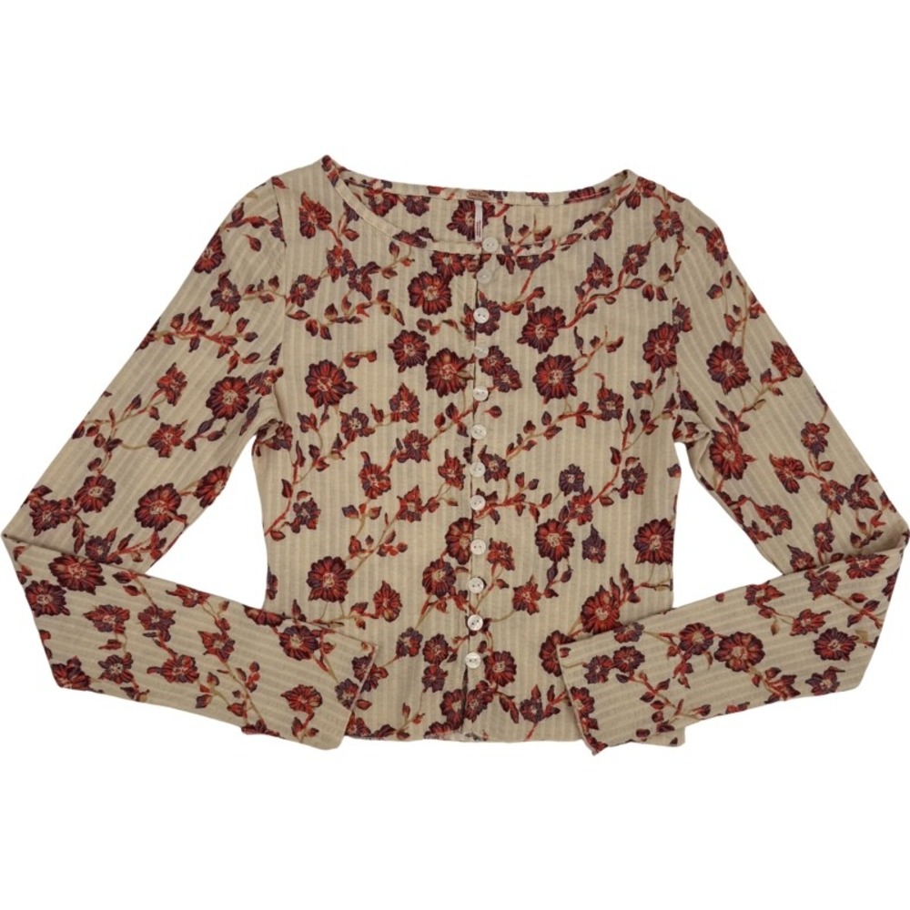 FREE PEOPLE NWOT XS Button Front Top Orange Floral Ribbed Cotton Boho Indie - Picture 10 of 13